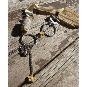 3x35$ 🐿 🍁 CREATION - Flowers Butterfly short necklace ruban beads - yellow